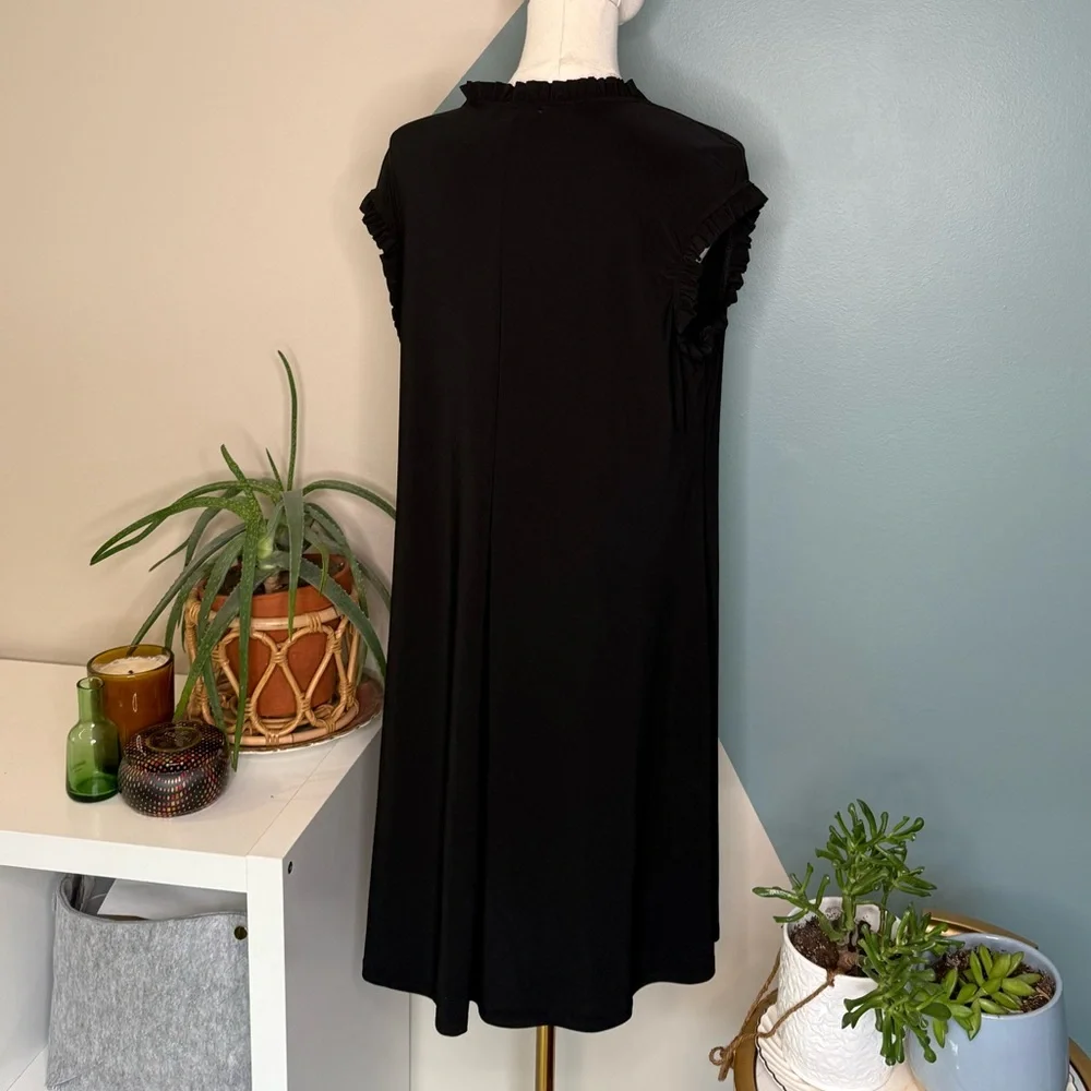 Nicole Miller New York 1X Black Ruffle Mock Neck Sleeveless A-Line Dress Stretch - Picture 4 of 12
